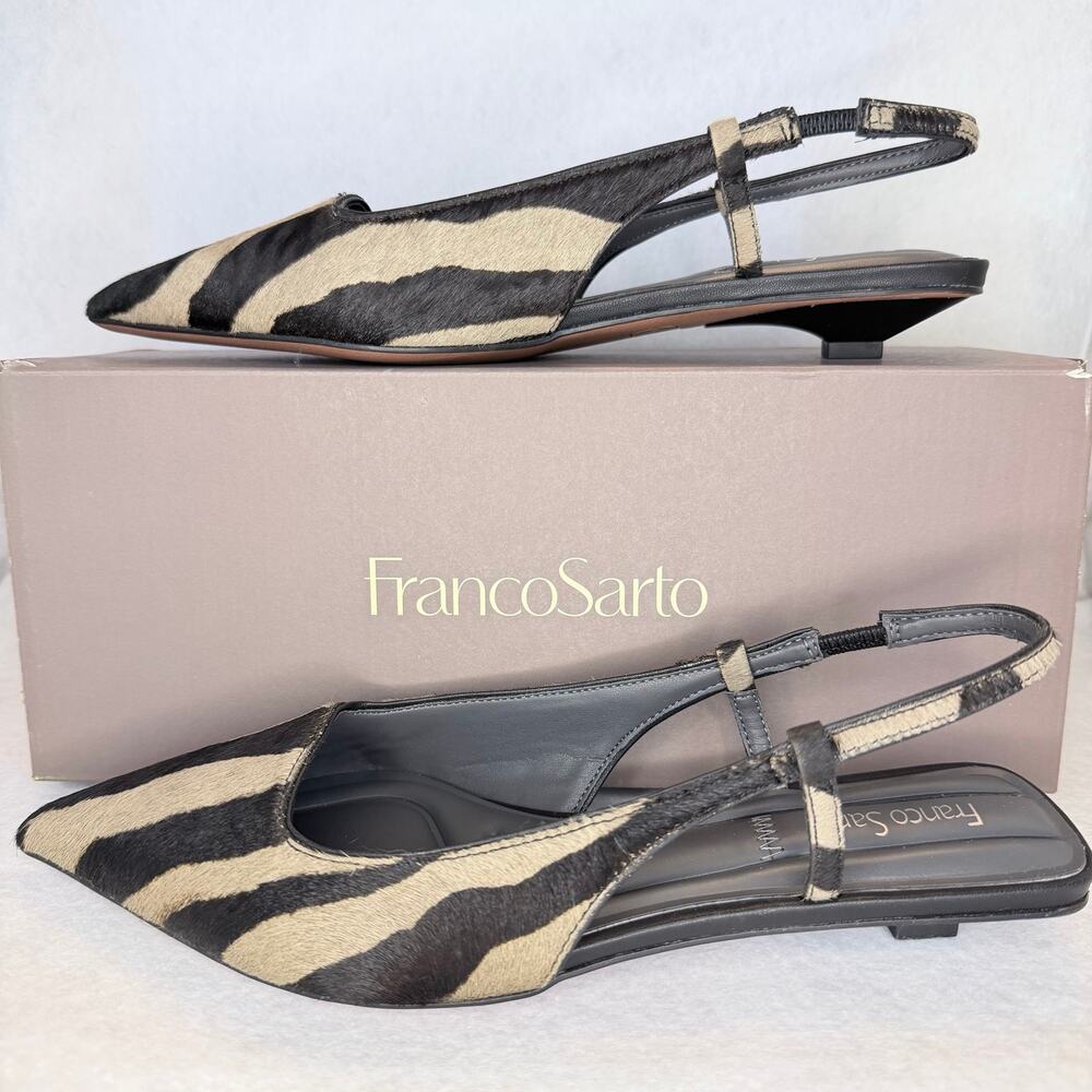 Franco Sarto Palmira2 Womens Size 7 Zebra Cow Hair Pointed Toe Slingback Flats